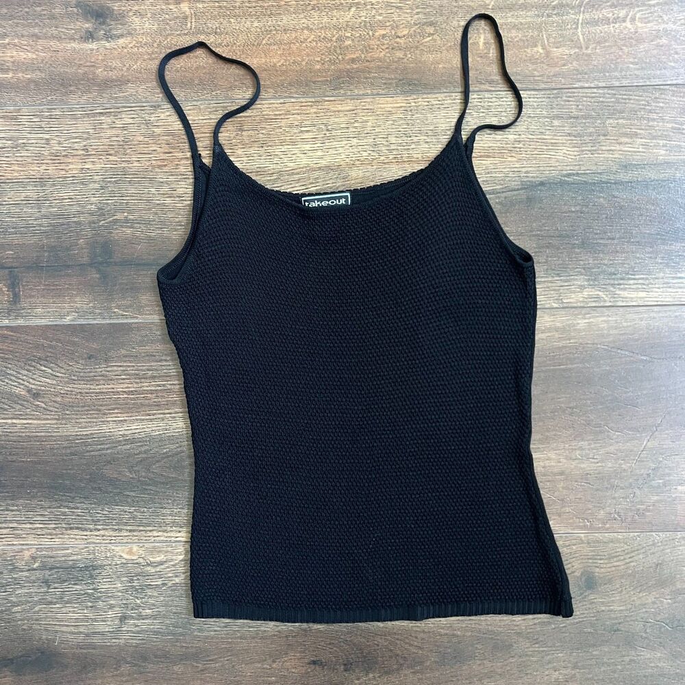 Takeout VTG Black Knit Cami Top Rayon Cropped Spaghetti Strap Tank Size Medium